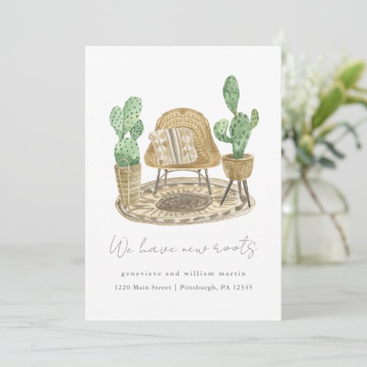 私たちは新しい根の植物を持っている新しい家の移動の写真 案内状 (スタンド正面)