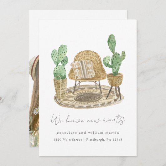 私たちは新しい根の植物を持っている新しい家の移動の写真 案内状 (正面/裏面)