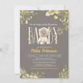 私たちは早く、黄色いテディベアのベビーシャワーを待つことができます 招待状 (正面)