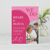 私たちは明はっきりしたるいピンクのマゼンタアーチ写真を結婚行う 招待状 (スタンド正面)