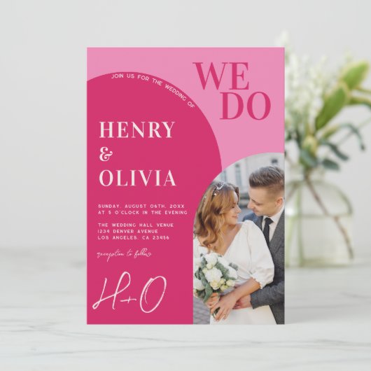 私たちは明はっきりしたるいピンクのマゼンタアーチ写真を結婚行う 招待状 (スタンド正面)