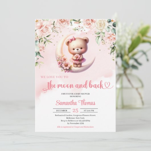 私たちは月とバックガールベイビーシャワーにあなたを愛している 招待状 (スタンド正面)