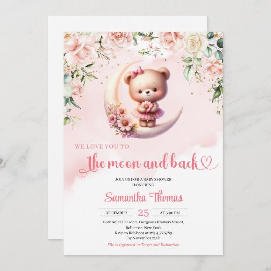 私たちは月とバックガールベイビーシャワーにあなたを愛している 招待状 (正面/裏面)