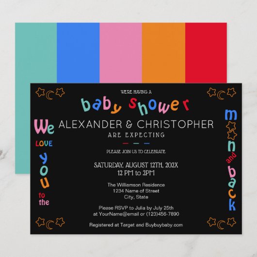 私たちは月とバックLGBTQ+ベビーシャワーにあなたを愛している 招待状 (正面/裏面)