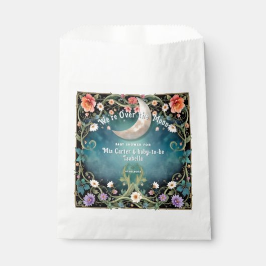 私たちは月のピンクのフローラ女の子の赤ちゃんシャワーの上にいる フェイバーバッグ (正面)