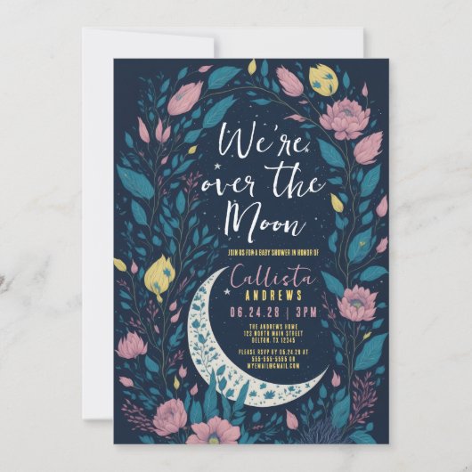 私たちは月のフローラピンクの黄色の赤ちゃんシャワーの上にいる 招待状 (正面)