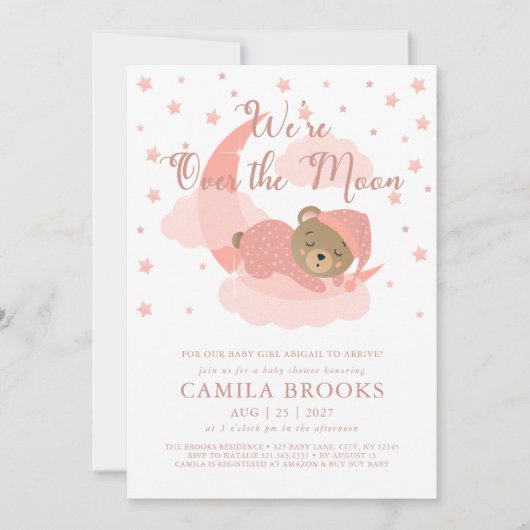 私たちは月の上で眠っているクマの女の子の赤ちゃんシャワー 招待状 (正面)
