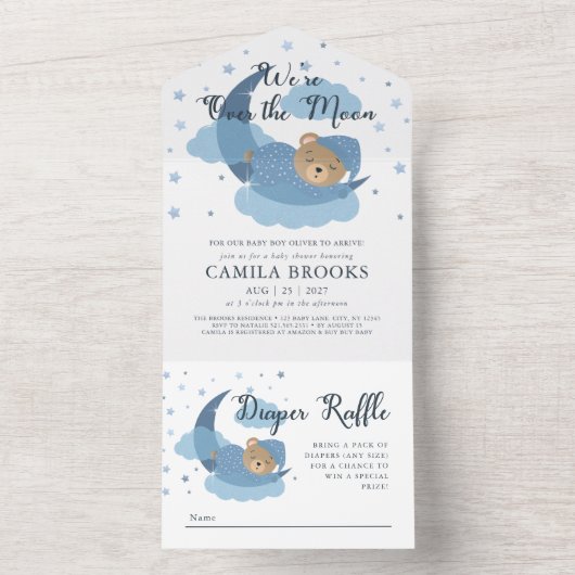 私たちは月の上で眠っているクマ男の子の赤ちゃんシャワー オールインワン招待状 (内側)