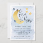 私たちは月の上に、青い水の色の赤ちゃんシャワー 招待状 (正面)