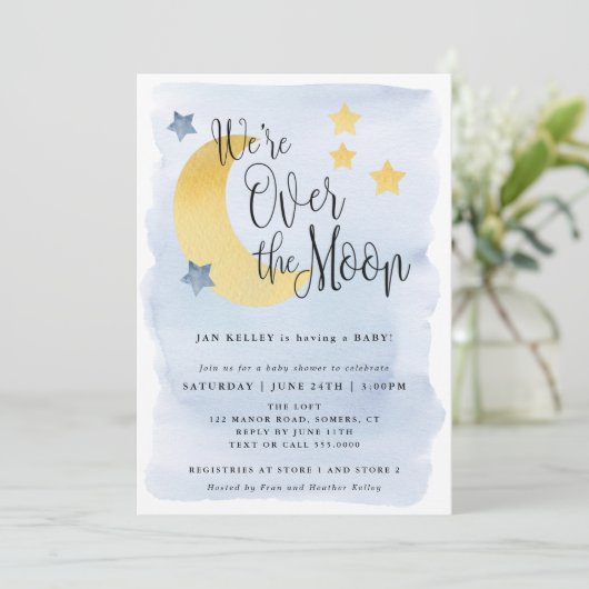 私たちは月の上に、青い水の色の赤ちゃんシャワー 招待状 (スタンド正面)