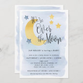私たちは月の上に、青い水の色の赤ちゃんシャワー 招待状 (正面/裏面)