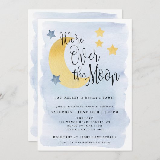 私たちは月の上に、青い水の色の赤ちゃんシャワー 招待状 (正面/裏面)