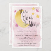 私たちは月の上、ピンクの水の色の赤ちゃんシャワー 招待状 (正面/裏面)