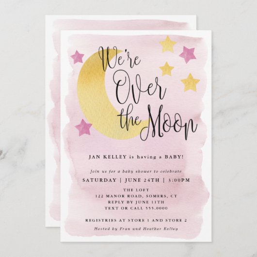 私たちは月の上、ピンクの水の色の赤ちゃんシャワー 招待状 (正面/裏面)