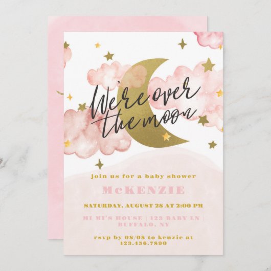 私たちは月の女の子の赤ちゃんシャワー上にいる 招待状 (正面/裏面)