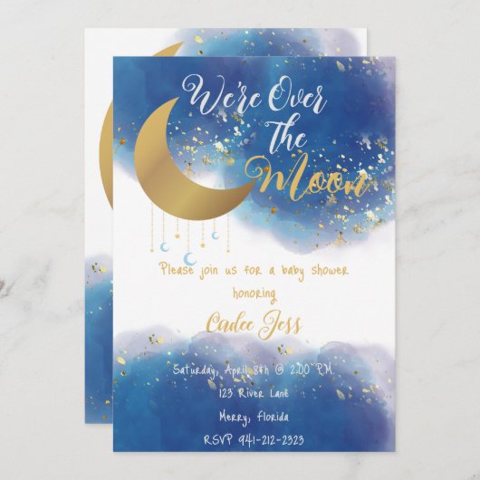 私たちは月の赤ちゃんシャワーの上にいる 招待状 (正面/裏面)