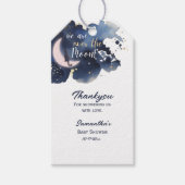 私たちは月の赤ん坊のシャワー青の上にあサンキューる ギフトタグ (正面)