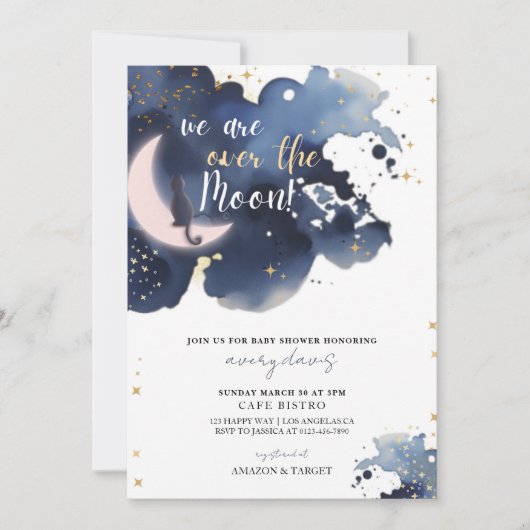 私たちは月の赤ん坊のシャワー青の上にいる 招待状 (正面)