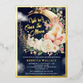 私たちは月を超えて ガール ネイビー ベビーシャワー ゴールド 箔招待状 (正面)