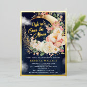 私たちは月を超えて ガール ネイビー ベビーシャワー ゴールド 箔招待状 (立ち正面)