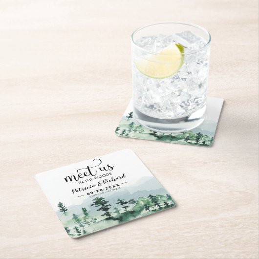 私たちは森の屋外の結婚式でデートを保存 スクエアペーパーコースター (インサイチュ)