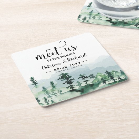 私たちは森の屋外の結婚式でデートを保存 スクエアペーパーコースター (アングル)