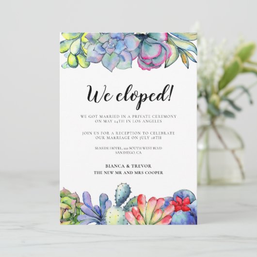 私たちは極秘結婚しました！ジューシーなサボテンのウェディング発表 招待状 (スタンド正面)