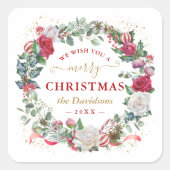 私たちは楽しいクリスマスのリースモノグラムナップを願う スクエアシール (正面)