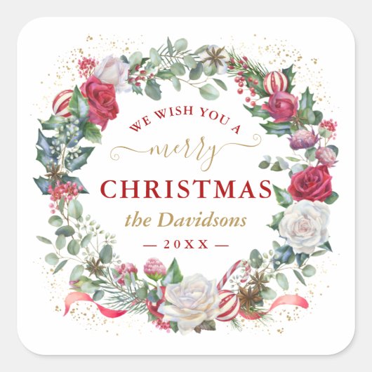 私たちは楽しいクリスマスのリースモノグラムナップを願う スクエアシール (正面)