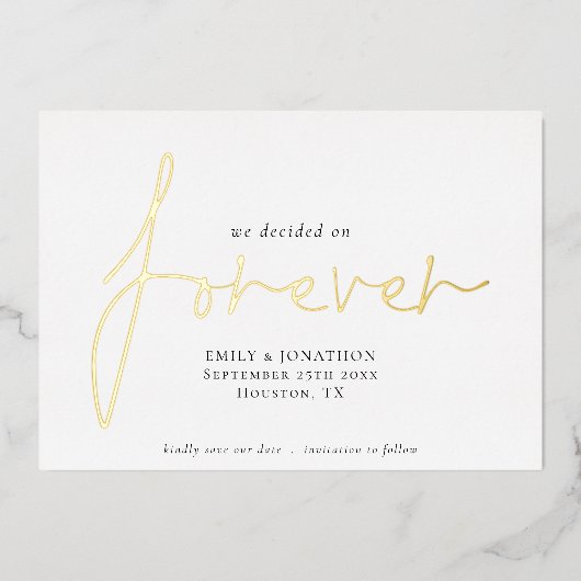 私たちは永久にスクリプトを保存する日付を決めた実在 箔招待状 (正面)