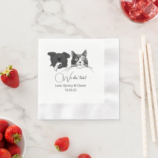 私たちは白黒の犬のナプキンを使い過パーソナライズされたぎる 縁ありカクテルナプキン (インサイチュ)