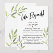 私たちは秘密の結婚式を挙げました タイポグラフィー & 緑の水彩の葉っぱ 招待状 (正面/裏面)
