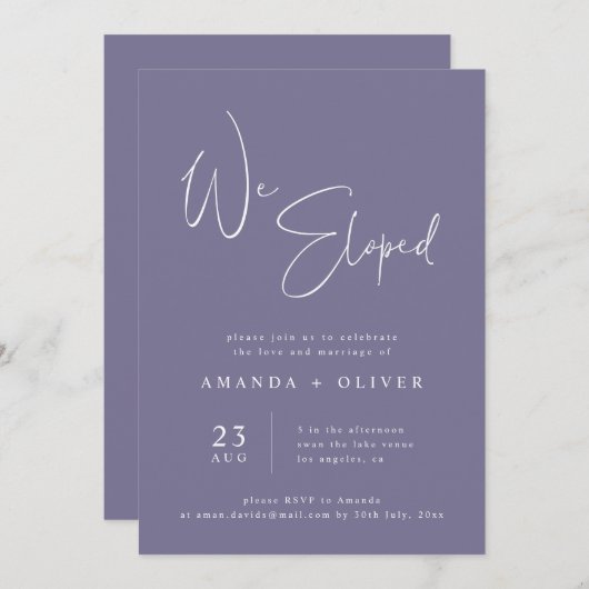 私たちは秘密の結婚式を挙げました ラベンダー パープル ミニマル 結婚式の報告 案内状 (正面/裏面)