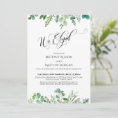 私たちは秘密結婚しました エレガント タイポグラフィ ユーカリ グリーン 招待状 (スタンド正面)
