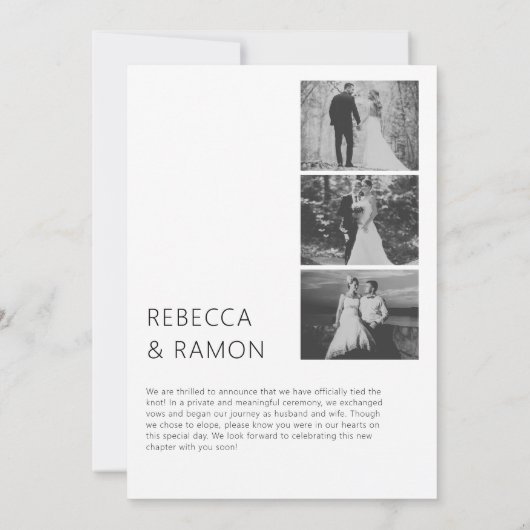 私たちは秘密結婚しました 現代のミニマルなモノクロ写真 案内状 (裏面)