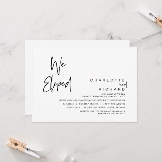 私たちは秘密結婚式を挙げました。結婚式の秘密結婚式パーティーのお祝い 招待状 (正面/裏面インサイチュ)