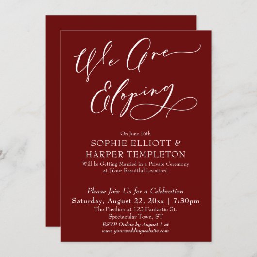 私たちは秘密結婚式を挙げる、シンプルなバーガンディーのお祝い 招待状 (正面/裏面)