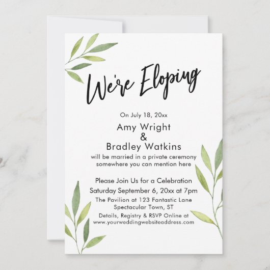 私たちは秘密結婚 タイポグラフィー, 緑の水彩植物 招待状 (正面)