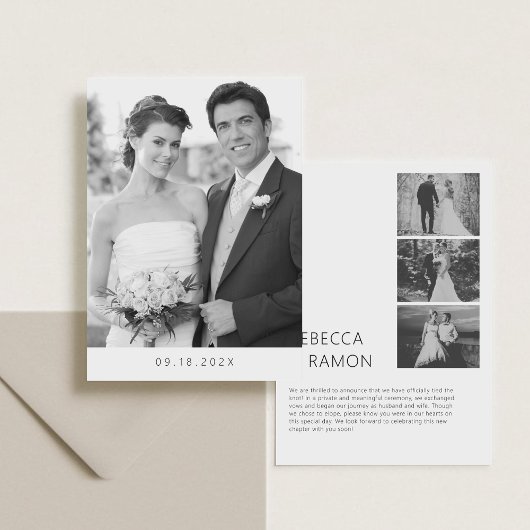 私たちは秘密結婚 現代のミニマルなモノクロ写真 案内状