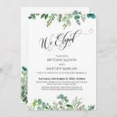 私たちは秘密裏に式を挙げました エレガント タイポグラフィ ユーカリ グリーンナリ 招待状 (正面/裏面)