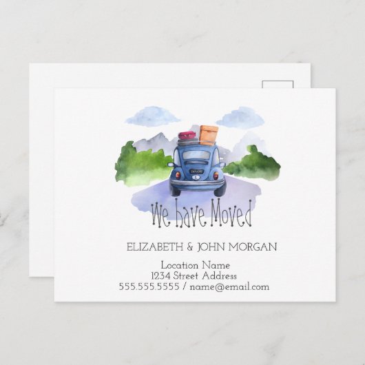 私たちは移動した,車,スーツケース,新しいアドレス 案内ポストカード (正面/裏面)