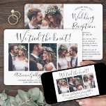 私たちは結び目の結婚式レセプション4写真コラージュ 招待状<br><div class="desc">招待状の家族と友人は、この"我々は結び目を結んだ単にエレガントなウェディングスタイリッシュ披露宴モダンに4つの写真のコラージュの招待。すべての言葉シンプルは、ポスト披露宴パーティー、誓いの更新式、続編結婚、1周年記念、カクテルアワーやディナーパーティーなど、あらゆるお祝い専用にパーソナライズするである。結婚日カスタマイズ付、ドレスコード、svp、ウェブサイトなど好きな詳細を含むこと(簡単配置のヒント：写真を正確に中央に配置する方法は、Zazzleウェブサイトにアップロードする前に写真を切り抜くことである。 ミニマモダンリストの白黒デザインは、新婚カップルの4つの写真、トレンディー手書き文字の書道、シックなタイプライターのスタイルタイポグラフィを備えている。パーティーが始まる前に幸いなことに、あなたが飛び出したかどうか結婚、または小さく、より親密なミニマルまたはマイクロにダウンサイズされた流行のために落ち込んだかどうか。新郎新婦おめでとう！</div>