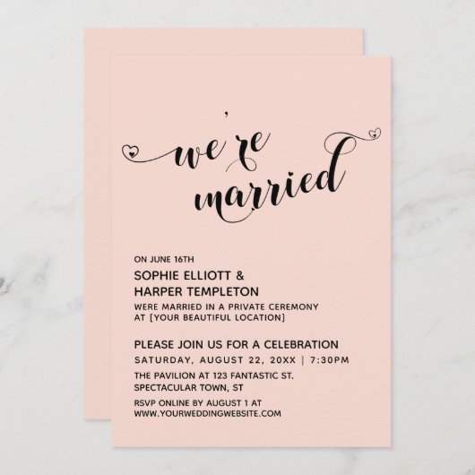 私たちは結婚したハートスクリプト赤面ピンク披露宴 招待状 (正面/裏面)