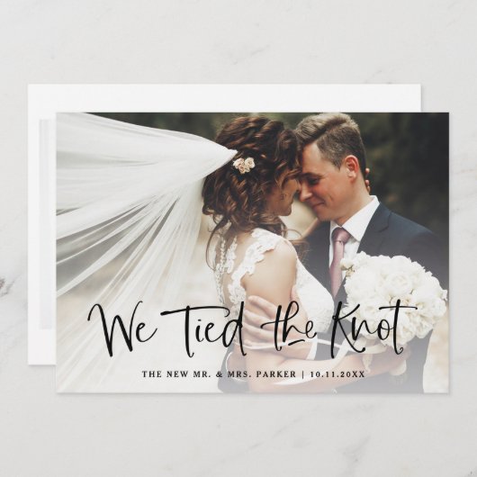 私たちは結婚しました | カジュアルな筆記体写真の挙式報告カード 案内状 (正面/裏面)