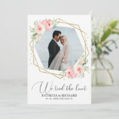 私たちは結婚しました　ブライダルピンクの花　秘密の結婚式のお知らせ 招待状 (スタンド正面)