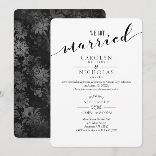 私たちは結婚しました ヴィンテージ ブラック ダマスク ウェディングパーティー 招待状 (正面/裏面)