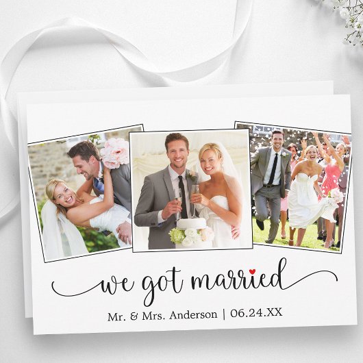 私たちは結婚しました 書道 赤いハート 3枚の写真 案内状