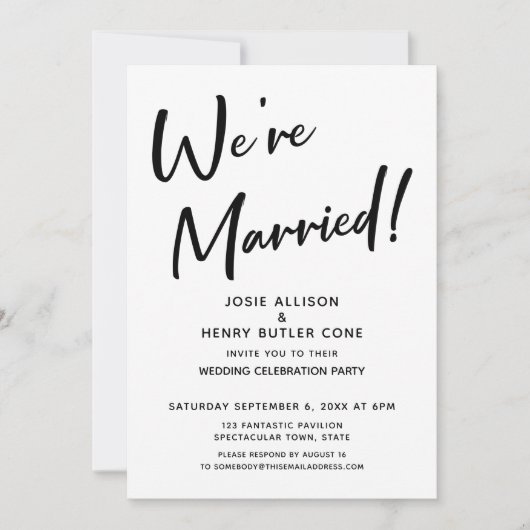 私たちは結婚しました 現代のウェディング レセプション ゴールド ストライプ 招待状 (正面)