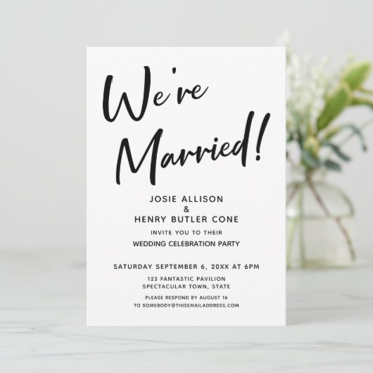 私たちは結婚しました 現代のウェディング レセプション ゴールド ストライプ 招待状 (スタンド正面)