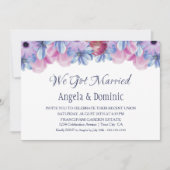 私たちは結婚しました 青い ピンクの花のウェディング レセプション 招待状 (正面)